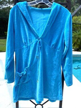Ted Baker Swimsuit Coverup Plush Robe Hooded Pocket Blue Size 3 or Small Medium